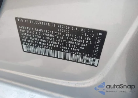 2013 Volkswagen Jetta 2.5L Se из США, поврежденный, VIN 3VWDX7AJ1DM215013